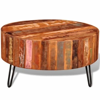 Image of vidaXL Reclaimed Solid Wood Coffee Table Antique Handmade Round Living Room with Iron Pin Legs, Sustainable and Unique