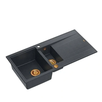 Image of QUADRON Granite Sink, Size 50 x 100 21/16 cm, Colour: Black &amp; Copper Pvd, Evan 156 Kitchen Double Bowl Sink with Draining Board, Tap Hole