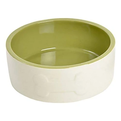 Image of Petface Ceramic Dog Bowl with Bone Design, Cream/Green, 20 cm (Pack of 1)