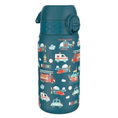 Image of ION8 Stainless Steel Water Bottle (350ml) Leakproof Drinking Bottle, Triple Lock Lid Prevent Spills &amp; Hide Away Handle, Dishwasher Safe Straw Compatible, Slimline Design for Backpacks,Rescue Vehicle