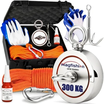 Image of MAGFISHION Magnet Fishing Kit 300 KG (2 x 150kg) Ø60mm Super Strong Neodymium with Rope (20M), Carabiner, Gloves, Threadlocker Magnetic Magnets