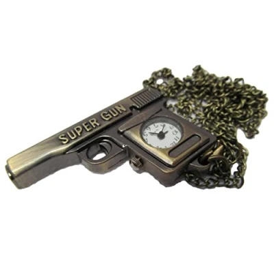 Image of Fat catz copy Bronze Vintage Antique style Gun Revolver Pistol design Mini Quartz Roman Numerals Clock pocket watch fob chain pendant Free UK P&amp;P Gift Idea