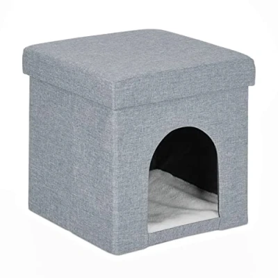 Image of Relaxdays Cat Stool, Stool &amp; Pet Cave, for Cats Small Dogs, h x w d : 38.5 37 cm, Polyester, mdf, Grey
