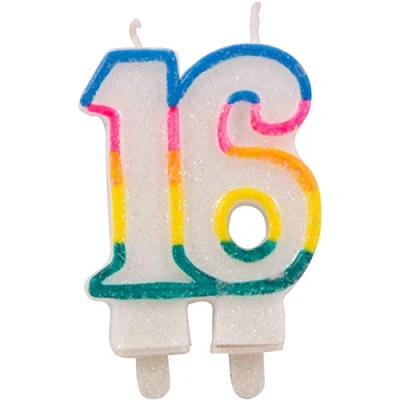 Image of Folat 16th Birthday Glitter Candles with 2 Holders, Wax, Multi Colors