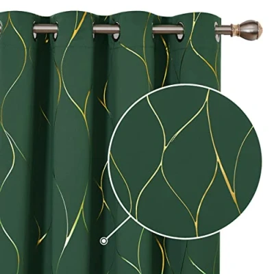 Image of Deconovo Home Decoration Eyelet Room Darkening Curtains, Gold Wave Foil Printed Curtains Energy Saving for Living Room, 66 x 72 Inch (Width Length), Dark Forest, One Pair