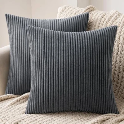 Image of MIULEE Set of 2 Striped Corduroy Square Throw Pillow Case Soft Cushion Covers Sham Home for Sofa Couch/Bedroom Decorative Fluffy Large Pillowcases 16x16 Inch 40x40cm Grey
