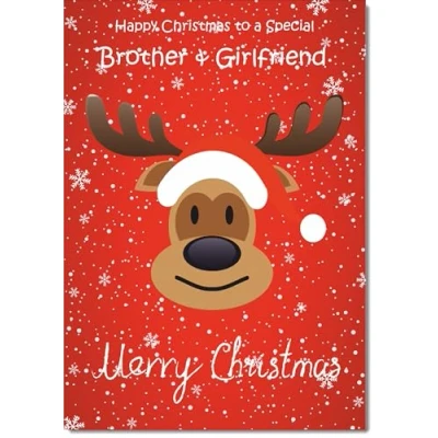 Image of doodlecards Brother and Girlfriend Christmas Card Rudolph on Red Background Medium Size for &amp; with Plain Envelope