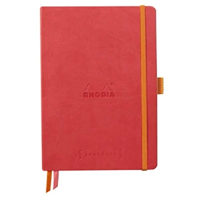 Image of RHODIA 117810C Soft Notebook Bullet Journal Goalbook Coral A5 Dotted Dot 240 pages 90g Ivory Clairefontaine Paper 2 Ribbons, Elastic Closure Faux Leather Cover