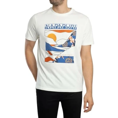 Image of Napapijri Valdor Print Tshirt, Men&#039;s, Size: Small, White heron