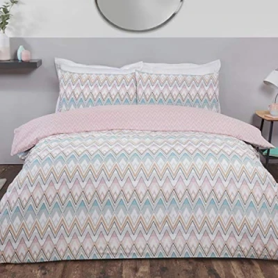 Image of Sleepdown Zig Zag Retro Geometric Pink Teal Reversible Soft Easy Care Duvet Cover Quilt Bedding Set with Pillowcases Double (200cm x 200cm), Polycotton