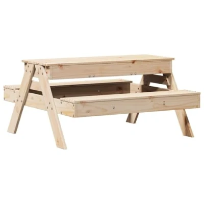 Image of vidaXL Solid Pine Wood Kids Picnic Table Convertible Children&#039;s Garden Bench with Sandpit, Brown, Scandinavian Style, 99.5x105x52 cm