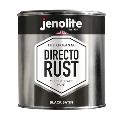 Image of JENOLITE Directorust Satin Paint BLACK Multi Surface For Use On Wood, Metal, Plastic, Ceramic &amp; Rusted Surfaces 1 Litre (RAL 9005)