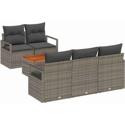 Image of vidaXL 6 Piece Garden Sofa Set with Cushions Grey Poly Rattan Acacia