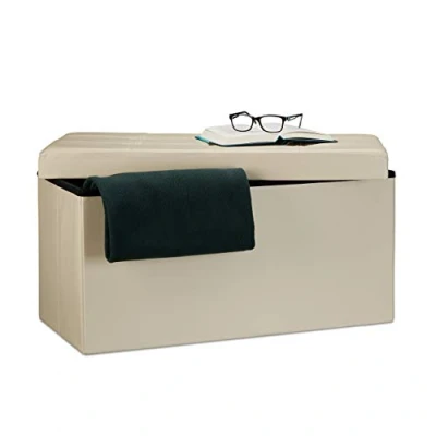 Image of Relaxdays Folding Storage Bench, Faux Leather, 38 x 78 cm, Foldable Footstool Ottoman, 300kg, 2 Seater, Cream