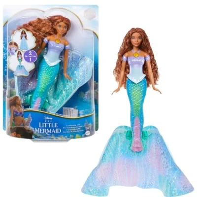 Image of Mattel Disney The Little Mermaid Transforming Ariel Doll, with Brown Hair, 2 in 1 Doll Looks Fin and Princess Dress, Toys for Ages 3 Up, One HLX13