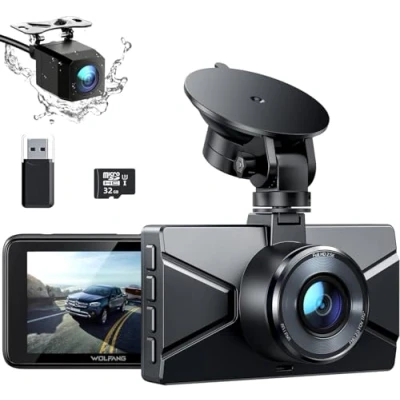 Image of WOLFANG Dash Cam Front and Rear 2.5K, Dashcam with 3.0&quot; LCD Display, Super Night Vision, Loop Recording, G Sensor, 170 Wide Angle HDR, Parking Guard, 32G Micro SD Card Reader Included