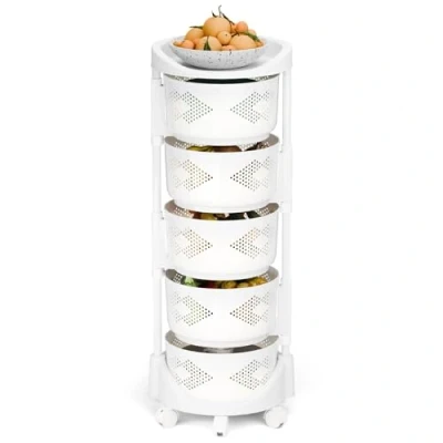 Image of Juebueix Kitchen Storage Cart 5 Tier Circular Rotating Basket Large Rack with 360 Degree Wheels Fruit Vegetable Shelf, Rotatable for Bathroom White Five Layers