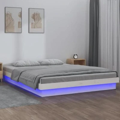 Image of vidaXL Small Double Bed Solid Pine Wood Frame with Color Changing LED Lights, Stable Bedroom Furniture, White