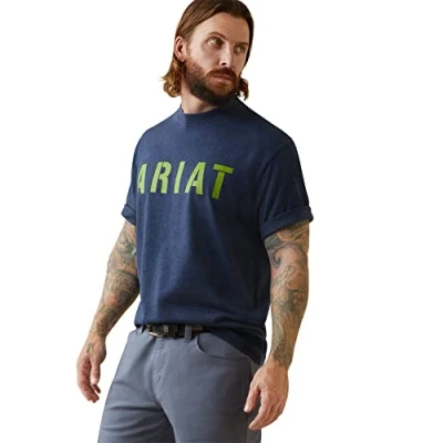 Image of ARIAT Men&#039;s Rebar Cotton Strong Block, Navy Heather/Lime, XL