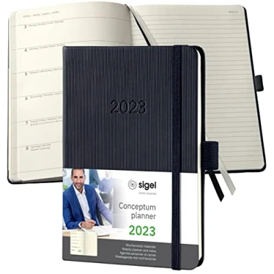 Image of SIGEL C2315 Weekly planner and notes Conceptum 2023 approx. A6 black hardcover 2 pages = week on left/notes right 176 S.