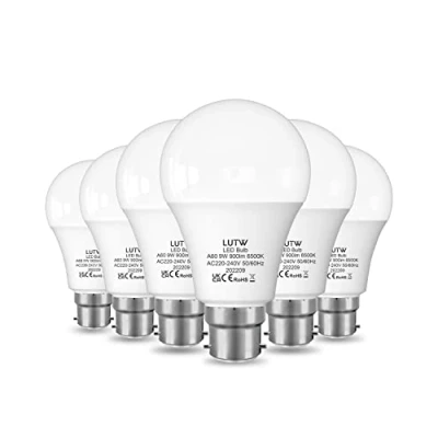 Image of LUTW B22 LED Light Bulbs Bayonet, 60W Equivalent, Cool White 6500K, 9W 900lm Bulbs, BC GLS Energy Saving Non dimmable, Pack of 6