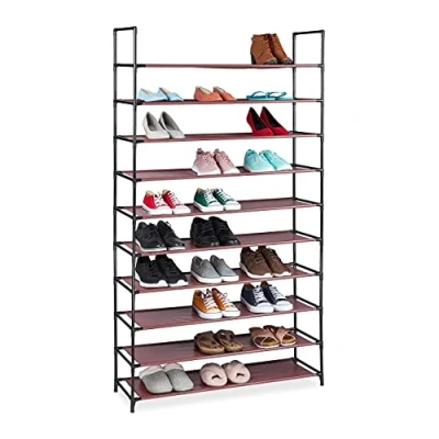 Image of Relaxdays plug rack, XXL organiser, storage, 10 tiers, 50 pairs of shoes, modular system, burgundy, Steel, 176,5x99x29,5 cm
