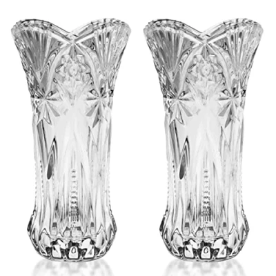 Image of Kurtzy Glass Vases (2 Pack) 24.5cm/9.64 Inches Tall Clear Crystal Decorative Melodia Cut Large Cylinder Flower Vase Set For Wedding Centrepiece and Home Decor