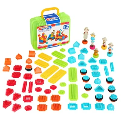 Image of Bristle Blocks 3073Z STEM Interlocking Building 85Pc Playset for Toddlers &amp; Kids Toy Characters 2 Years + Safari Adventure Carrying Case, Various, 85 cm