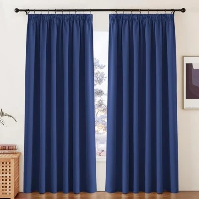 Image of PONY DANCE Blackout Curtain Drapes Blue Thermal Draperies Pencil Pleat for Room Darkening Decorative Plain Window Panels Kids Nursery, 2 Panels, 90 x Curtains