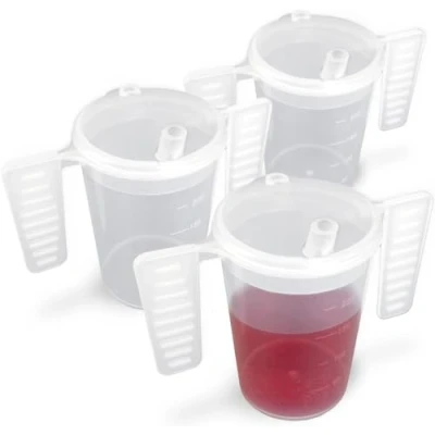 Image of Wing Handled Beaker with Drinking Lid Pack of 3 Adult Beakers for Elderly Dementia Cup Two Small Spouted