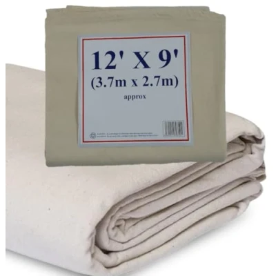 Image of Canvas Cotton Drop Cloth Dust Sheets for Painting &amp; Decorating Heavy Duty Fabric Cover Furniture (Cotton Canvas, 12ft x 9ft 3.50m 2.60m) (1xOZ6129)