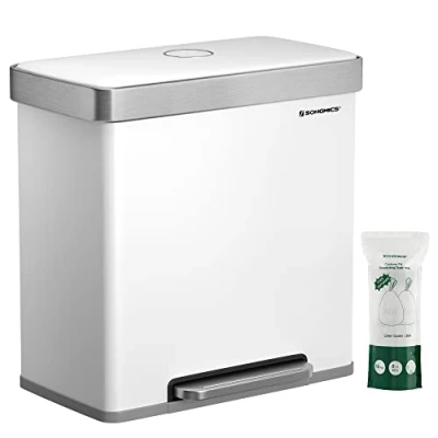 Image of SONGMICS Kitchen Bin, 2 x 30L Stainless Steel Pedal Rubbish Bin with 15 Trash Bags, Recycling and Waste, Plastic Inner Buckets, Lid, Soft Closure, 58.2 31.5 60.5 cm, White LTB202W01