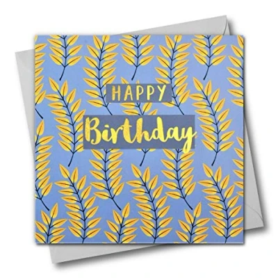 Image of Claire Giles Greeting Cards, Happy Birthday Card, Leaves Design Text Foiled in Shiny Gold