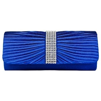 Image of Eleoption Womens Satin Diamante Ladies Pleated Bow Wedding Bridal Prom Handbag Clutch Bag, Royal Blue