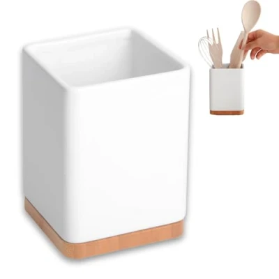Image of KOOK TIME Kitchen Utensils holder utensil for the countertop ceramic and Bamboo White 10.5 x 15 cm