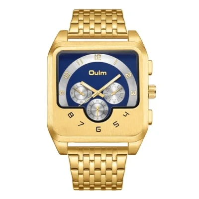 Image of JewelryWe Men Square Luminous Watch: Big Face Analog Quartz Movement Night Glow Casual Business Stainless Steel Band Large Dial Wristwatch