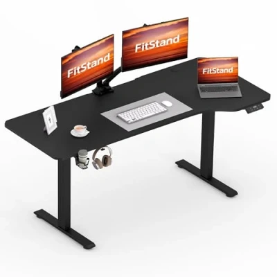 Image of FitStand 160x75cm Electric Standing Desk, Sit Stand Height Adjustable Desk With Hooks And Memory Smart Pannel, Suitable For Office Home Black