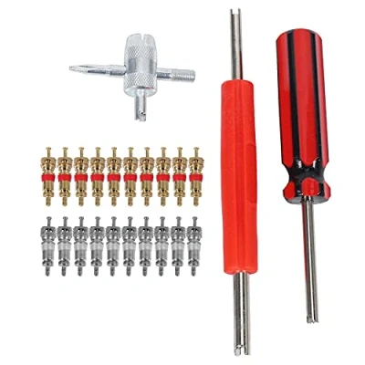 Image of tassieroon Valve Core Tool Set 20Pcs Cores, 4 Way Tool, Dual Single Remover, Tire Repair