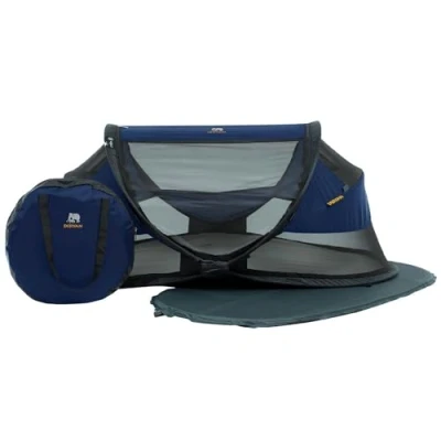 Image of Deryan Baby Travel Cot with Mattress from Birth to 2.5 Years Pop Up Bed Tent Set in 2 Seconds Includes Mosquito Net and Bag 120 x 75 50 cm (Navy)