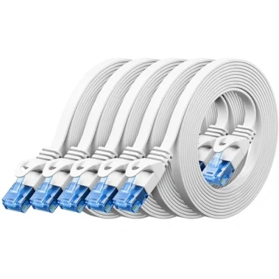 Image of deleyCON 5x 1m (3.28 ft.) CAT6 Flat Network Cable 0.06 Inches Ribbon U UTP RJ45 UUTP Patch for DSL LAN Switch Router Modem Repeater Patchpanel White