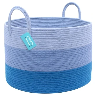 Image of OrganiHaus Large Cotton Rope Blanket Basket, Storage Baskets, Toy Basket for Kids, Woven Laundry Nursery &amp; 50x33cm, Blue