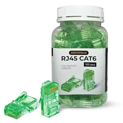 Image of Spetstech RJ45 Connectors 100 Pack Cat 6 PASS Through (Cat Ends / Cat6 Plugs Modular Plugs/Ethernet Connectors) for Solid or Stranded UTP Ethernet Cables (100, Green)