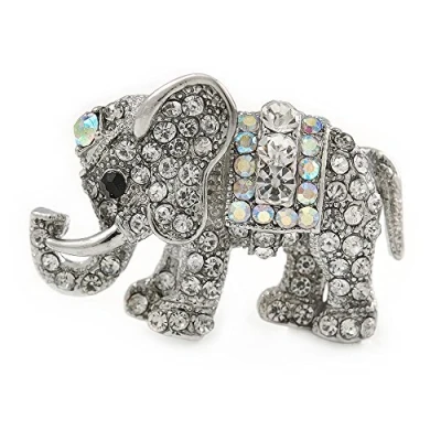 Image of Avalaya Small Crystal Elephant Brooch in Silver Tone Metal 35mm
