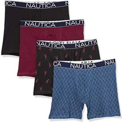 Image of Nautica Men&#039;s Cotton Stretch 4 Pack Boxer Brief, Black/Tawny Port/Ensign Blue/Lobster Print, Large