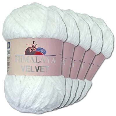 Image of Wohnkult Himalaya 5 x 100 g Velvet Dolphin Wool 40 Colours to Choose From Chenille Knitting Yarn Shiny Fleece Accessory Clothing (90001 Snow White)