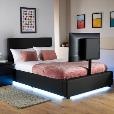 Image of X Rocker AVA Leather TV Bed with Rotating Mount 55&quot;, Storage and Cable Management, Ambient Underbed RGB LED Lighting Double 4ft6 Low Sleeper Bedstead, Upholstered Frame XR LIVING BLACK