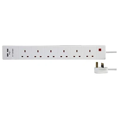 Image of PRO ELEC PEL00120 6 Gang Extension Lead with 2 USB 1m, White