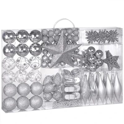 Image of CASARIA® 102 Pcs Christmas Tree Decorations Festive Indoor Outdoor Hanging Ornaments Baubles, Santa Boots, Pine Cones, Chains &amp; Stars Holiday Decs Elegant Silver