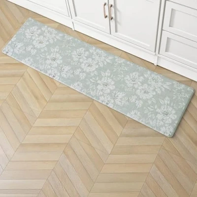Image of Laura Ashley Anti Fatigue Kitchen Mat, Iris Floral Design, Stain, Water &amp; Fade Resistant, Cooking Standing Relief, Non Slip Backing, Measures 17.5&quot; x 60&quot;, Sage Green