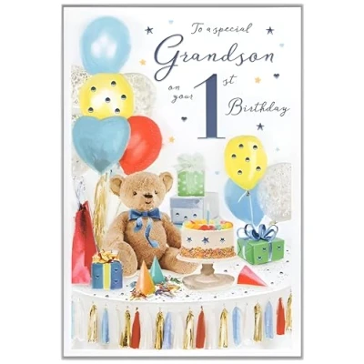 Image of Grandson 1st Birthday Card Age 1 Special Finishes Teddy Bear and Balloons Artistic Design Made in the UK